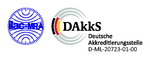 Logo mit blauem ILAC-MRA-Schriftzug auf einem wellenförmigen Kreismuster neben dem DAkkS-Logo mit grauen, roten und gelben Bögen und Text: Deutsche Akkreditierungsstelle D-ML-20723-01-00.
